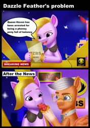 Size: 1920x2716 | Tagged: safe, artist:leonkay, derpibooru import, dazzle feather, pegasus, pony, breaking news, comic, dialogue, female, g5, image, jpeg, male, mare, news, news pony, pun, silly, skye silver, solo, stallion, tangled up, television, tied in a knot, tongue out, zbs