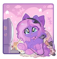 Size: 2043x2109 | Tagged: safe, artist:colorfulcolor233, derpibooru import, oc, oc:lillybit, unofficial characters only, pony, adorkable, bow, cute, dork, gaming, gaming headset, headphones, headset, image, png, ribbon, smiling, television