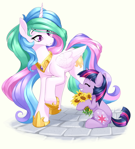 Size: 1600x1760 | Tagged: safe, artist:dstears, derpibooru import, princess celestia, twilight sparkle, alicorn, pony, unicorn, cute, eyes closed, female, filly, filly twilight sparkle, flower, foal, image, jpeg, sunflower, unicorn twilight, younger