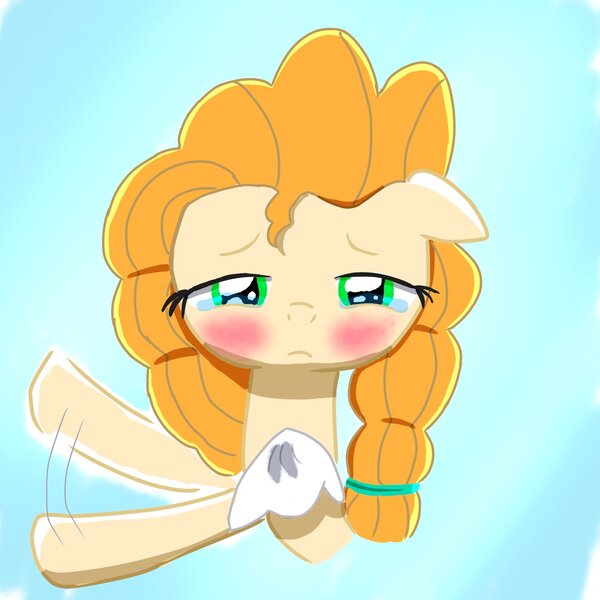 Size: 1500x1500 | Tagged: safe, artist:spahiro7, derpibooru import, pear butter, earth pony, pony, blushing, female, filly, foal, image, jpeg, sad, solo, waving, younger