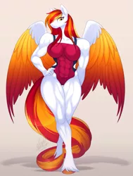 Size: 907x1200 | Tagged: safe, artist:scarlet-spectrum, derpibooru import, oc, oc:diamond sun, unofficial characters only, anthro, pegasus, pony, unguligrade anthro, anthro oc, big breasts, breasts, clothes, colored wings, commission, female, image, long mane, long tail, looking at you, mare, muscles, muscular female, one-piece swimsuit, partially open wings, pegasus oc, png, swimsuit, tail, wide hips, wings