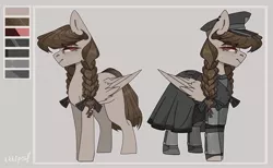 Size: 2560x1574 | Tagged: safe, artist:tttips!, derpibooru import, oc, oc:steelheart, unofficial characters only, pegasus, pony, armor, bow, brown hair, buttons, cap, cloak, clothes, female, hair bow, hat, image, jpeg, mare, military uniform, palette, pegasus oc, piercing, red eyes, reference sheet, simple background, solo, uniform, wings