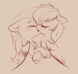 Size: 2276x2160 | Tagged: safe, artist:yoditax, derpibooru import, fluttershy, rainbow dash, eyes closed, female, flutterdash, holding hooves, image, kissing, lesbian, monochrome, png, shipping, wings