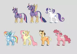 Size: 2048x1448 | Tagged: safe, artist:vividropp, applejack, fluttershy, pinkie pie, rainbow dash, rarity, twilight sparkle, twilight sparkle (alicorn), alicorn, earth pony, pegasus, pony, unicorn, alternate design, alternate hairstyle, bald face, chest fluff, cloven hooves, coat markings, colored ears, colored hooves, colored wings, cowboy hat, curved horn, facial markings, female, freckles, gradient hooves, gray background, hat, horn, image, jpeg, leonine tail, mane six, mare, mottled coat, multicolored coat, pigtails, ponytail, redesign, simple background, smiling, twitterina design, unicorn twilight, unshorn fetlocks, white hooves, wings