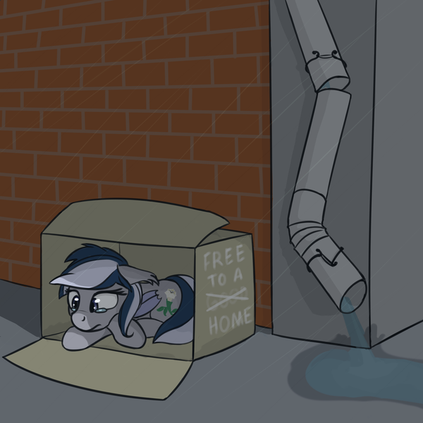 Size: 2048x2048 | Tagged: safe, artist:barhandar, oc, oc:daturea eventide, unofficial characters only, bat pony, pony, abandoned, cardboard box, crying, female, floppy ears, homeless, image, mare, png, rain, sad, solo