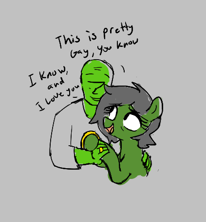 Size: 423x454 | Tagged: safe, artist:kabayo, derpibooru import, oc, oc:anon, oc:anonfilly, unofficial characters only, earth pony, human, pony, aggie.io, bust, dialogue, earth pony oc, female, gray background, happy, hug, human male, human oc, i love you, image, jewelry, lowres, male, mare, married, married couple, older, open mouth, png, ring, simple background, smiling, talking, wedding ring