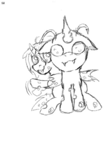 Size: 503x670 | Tagged: safe, artist:andley, derpibooru import, oc, oc:stargazer, oc:styx, unofficial characters only, changeling, pony, :3, antennae, changeling oc, cute, duo, female, filly, foal, hiding, horn, image, insect wings, jpeg, sitting, sketch, small, smiling, waving, waving at you, wings, young