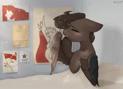 Size: 2560x1855 | Tagged: safe, artist:tttips!, derpibooru import, oc, oc:cinnamon, unofficial characters only, cyborg, pegasus, pony, amputee, artificial wings, augmented, bed, brown hair, cyrillic, female, flag, hammer and horseshoe, image, jpeg, mare, morning, pegasus oc, poster, prosthetic limb, prosthetic wing, prosthetics, russian, sleepy, solo, soviet, stalliongrad, translated in the description, wings, yawn