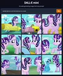 Size: 1152x1384 | Tagged: safe, dall·e mini, derpibooru import, machine learning generated, starlight glimmer, trixie, pony, unicorn, artificial intelligence, duo, duo female, female, image, mare, not salmon, png, rocket, wat