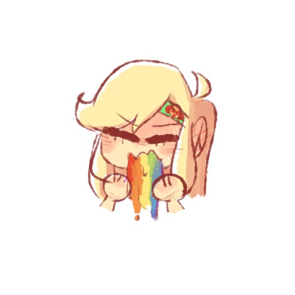 Size: 2000x2000 | Tagged: safe, artist:vnthers, artist:zuki, derpibooru import, applejack, equestria girls, eyes closed, female, image, jpeg, puking rainbows, rainbow, simple background, solo, vomit, vomiting, white background