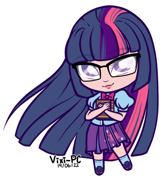 Size: 948x1062 | Tagged: safe, artist:vixi-pc, derpibooru import, twilight sparkle, equestria girls, bishoujo, book, chibi, female, human coloration, image, outline, png, simple background, solo, transparent background, white outline