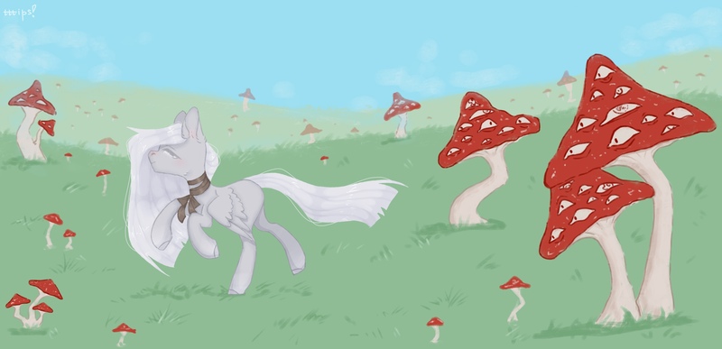 Size: 2560x1237 | Tagged: safe, artist:tttips!, derpibooru import, oc, unofficial characters only, pegasus, pony, amanita, eye, eyes, female, grass, image, jpeg, mare, mushroom, psychedelic, ribbon, running, solo, white hair