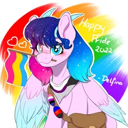 Size: 1280x1280 | Tagged: safe, artist:delfinaluther, derpibooru import, oc, pegasus, pony, bag, demisexual pride flag, female, flag, genderfluid, girly, horns, image, jpeg, lgbt, pansexual pride flag, polyamory, pride, pride flag, pride month, rainbow, rainbow background, smiling, solo