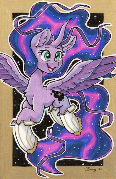 Size: 1743x2684 | Tagged: safe, artist:dandy, derpibooru import, oc, oc:odyssey, unofficial characters only, alicorn, pony, alicorn oc, boots, chest fluff, clothes, commission, copic, ear fluff, ethereal mane, female, flying, happy, horn, image, missing limb, not twilight sparkle, open mouth, png, shoes, signature, solo, space, traditional art, wings