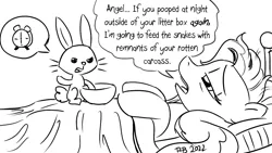 Size: 1200x675 | Tagged: safe, artist:pony-berserker, derpibooru import, angel bunny, fluttershy, pony, rabbit, animal, bed, bed mane, black and white, bowl, clock, duvet, grayscale, image, monochrome, on bed, out of character, pillow, png, pony-berserker's twitter sketches, pony-berserker's twitter sketches (2022)