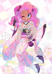 Size: 725x1024 | Tagged: safe, artist:yam, color edit, derpibooru import, edit, editor:diameltzowo, pinkie pie, earth pony, human, pony, equestria girls, bow, clothes, colored, cute, dark skin, detailed background, eyes closed, female, flower, hair bow, humanized, image, jpeg, kimono (clothing), looking at you, mare, one eye closed, open mouth, pretty, self paradox, self ponidox, skin color edit, solo, wink