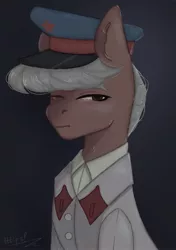Size: 1520x2160 | Tagged: safe, artist:tttips!, derpibooru import, oc, oc:mahov, unofficial characters only, earth pony, pony, ashes town, brown eyes, cap, clothes, eye scar, gorget patches, grey hair, hat, image, jpeg, looking at you, male, nkvd, scar, soviet, stallion, stalliongrad, uniform
