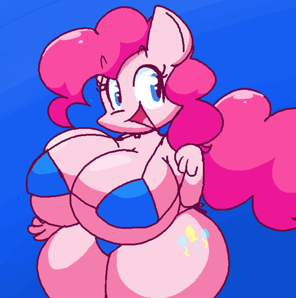 Size: 1328x1336 | Tagged: suggestive, artist:gravtitty, derpibooru import, pinkie pie, anthro, earth pony, big breasts, bikini, blue background, breasts, busty pinkie pie, cleavage, clothes, curved horn, female, horn, huge breasts, image, impossibly large breasts, impossibly wide hips, looking at you, open mouth, png, simple background, smiling, smiling at you, solo, solo female, standing, swimsuit, thighs, thunder thighs, wide hips