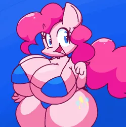 Size: 1328x1336 | Tagged: suggestive, artist:gravtitty, derpibooru import, pinkie pie, anthro, earth pony, big breasts, bikini, blue background, breasts, busty pinkie pie, cleavage, clothes, curved horn, female, horn, huge breasts, image, impossibly large breasts, impossibly wide hips, looking at you, open mouth, png, simple background, smiling, smiling at you, solo, solo female, standing, swimsuit, thighs, thunder thighs, wide hips