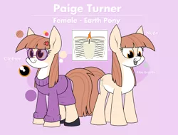 Size: 2600x1975 | Tagged: safe, artist:moonatik, derpibooru import, oc, oc:paige turner (bizarre song), unofficial characters only, earth pony, pony, book, braces, candle, clothes, cutie mark, female, glasses, image, mare, nerd, nerd pony, png, reference sheet, round glasses, shoes, simple background, skirt, solo, sweater, transparent background