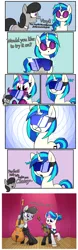 Size: 1640x5224 | Tagged: safe, artist:moonatik, edit, octavia melody, vinyl scratch, earth pony, pony, unicorn, alternate hairstyle, bowtie, brainwashing, cello, clothes, comic, curtains, dialogue, female, glasses, goggles, hair bun, hypnogear, hypnogoggles, hypnosis, hypnotized, image, implied lesbian, implied scratchtavia, implied shipping, magic, mare, missing accessory, musical instrument, png, stage, vinyl class, violin