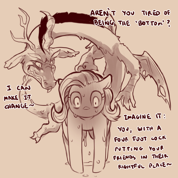 Size: 1200x1200 | Tagged: suggestive, artist:cold-blooded-twilight, derpibooru import, discord, fluttershy, draconequus, pegasus, pony, dialogue, fangs, image, implied futa, jpeg, monochrome, sketch, suggestive dialogue, sweat