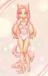 Size: 1012x1578 | Tagged: safe, artist:zefirka, derpibooru import, fluttershy, anthro, pegasus, pony, unguligrade anthro, alternate hairstyle, belly button, braid, clothes, cute, female, image, looking at you, mare, one-piece swimsuit, png, see-through, shyabetes, smiling, smiling at you, solo, swimsuit, twin braids