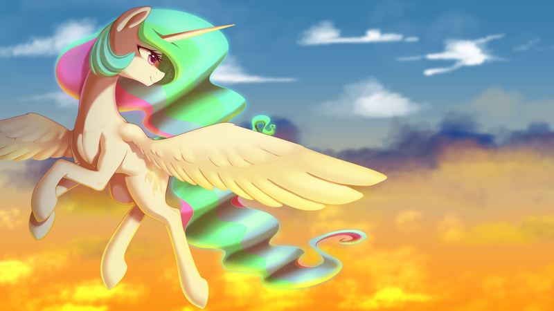 Size: 3840x2160 | Tagged: safe, artist:thebatfang, derpibooru import, princess celestia, alicorn, pony, female, flying, image, mare, png, sky, smiling, solo, spread wings, sun, wings