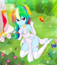 Size: 946x1073 | Tagged: suggestive, artist:charliexe, derpibooru import, philomena, rainbow dash, bird, phoenix, equestria girls, alternate hairstyle, bedroom eyes, breasts, bride, cleavage, clothes, dress, feet, female, garter, image, jpeg, lidded eyes, looking at you, outfit, panties, rainbow dash always dresses in style, side slit, side-tie bikini, socks, solo, solo female, stockings, story in the source, thigh highs, thong, underwear, wedding dress