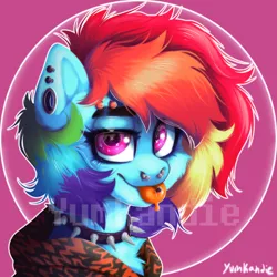 Size: 3500x3500 | Tagged: safe, artist:yumkandie, derpibooru import, rainbow dash, bushy brows, bust, choker, clothes, hoodie, image, piercing, png, spiked choker, thick eyebrows, tongue out