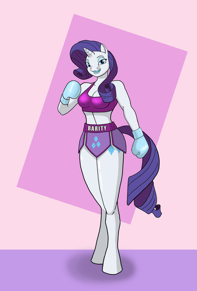 Size: 1836x2712 | Tagged: safe, artist:mgckfight, derpibooru import, rarity, anthro, unguligrade anthro, unicorn, abstract background, boxing, boxing gloves, breasts, busty rarity, clothes, female, image, jpeg, mouth guard, smiling, solo, sports, sports bra, trunks