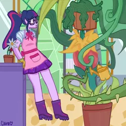 Size: 1280x1281 | Tagged: safe, artist:midnight-deaththekid, derpibooru import, sci-twi, twilight sparkle, equestria girls, equestria girls series, my little shop of horrors, apron, boots, celestia's house, clothes, flower, image, jpeg, plants, shoes, watering can