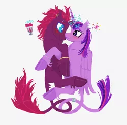 Size: 2684x2640 | Tagged: safe, artist:universal-heart, derpibooru import, tempest shadow, twilight sparkle, twilight sparkle (alicorn), alicorn, classical unicorn, pony, unicorn, blushing, broken horn, cloven hooves, cuddling, female, horn, image, leonine tail, lesbian, looking at each other, looking at someone, mare, png, shipping, simple background, tempestlight, unshorn fetlocks, white background