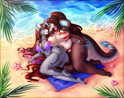 Size: 3795x2984 | Tagged: safe, derpibooru import, oc, oc:chalice(furry), oc:selune darkeye, unofficial characters only, anthro, cobra, plantigrade anthro, rattlesnake, snake, starfish, unicorn, anthro oc, beach, beach towel, belly button, belly piercing, big breasts, bikini, bikini bottom, bikini top, bisexual pride flag, body markings, bow, breast squish, breasts, butt, clothes, coat markings, couple, cutie mark, duo, duo female, duo focus, ear fluff, facial markings, female, furry, furry oc, hair, hair bow, horn, image, large butt, leaning forward, looking at each other, looking at someone, loose hair, lying down, nail polish, nails, ocean, palm tree, piercing, png, pride, pride flag, redhead, sand, scales, seashell, shore, side, snip (coat marking), sparkling, swimsuit, tail, thicc thighs, thighs, toenail polish, towel, tree, unicorn horn, unicorn oc, water, wide hips