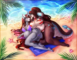 Size: 3795x2984 | Tagged: safe, derpibooru import, edit, oc, oc:chalice, oc:selune darkeye, unofficial characters only, anthro, cobra, rattlesnake, snake, starfish, unicorn, anthro oc, beach, beach towel, belly button, belly piercing, big breasts, bikini, bikini bottom, bikini top, bisexual pride flag, body markings, bow, breast squish, breasts, butt, clothes, coat markings, couple, cutie mark, duo, duo female, duo focus, ear fluff, facial markings, female, furry, furry oc, hair, hair bow, horn, image, large butt, leaning forward, looking at each other, looking at someone, loose hair, lying down, milf, nails, ocean, palm tree, piercing, png, pregnant, pregnant edit, pride, pride flag, redhead, sand, scales, seashell, shore, side, snip (coat marking), sparkling, swimsuit, tail, thicc thighs, thighs, towel, tree, unicorn horn, unicorn oc, water, wide hips