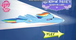 Size: 731x392 | Tagged: safe, derpibooru import, rainbow dash, pegasus, pony, canterlot, female, game, image, jpeg, mare, multicolored hair, my little pony logo, rainbow hair, sonic rainboom, spread wings, text, title screen, wings, youtube link