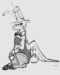 Size: 2459x3058 | Tagged: safe, artist:alumx, derpibooru import, princess celestia, alicorn, pony, bunny ears, bunny suit, bunnylestia, celestia is not amused, clothes, female, fishnets, gray background, grayscale, image, jpeg, mare, monochrome, simple background, sitting, sketch, solo, unamused