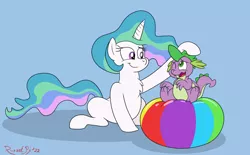 Size: 4006x2482 | Tagged: safe, artist:rupertbluefox, derpibooru import, princess celestia, spike, alicorn, dragon, pony, ball, balls, beach ball, blue background, celestia day, cute, cutelestia, ethereal mane, female, head pat, head rub, image, male, mare, missing accessory, nudity, one eye closed, open mouth, pat, png, simple background, sitting, sitting on balls, smiling, spikabetes, summer, wavy mouth, winged spike, wings