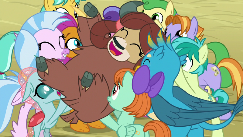 Size: 1280x720 | Tagged: safe, derpibooru import, screencap, gallus, ocellus, sandbar, silverstream, smolder, yona, changedling, changeling, classical hippogriff, dragon, earth pony, gryphon, hippogriff, pegasus, pony, unicorn, yak, school daze, season 8, spoiler:s08, ^^, butt, cute, diaocelles, diastreamies, dragoness, eyes closed, female, friendship student, happy, image, male, mare, open mouth, plot, png, stallion, student six, yonadorable