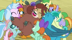 Size: 1280x720 | Tagged: safe, derpibooru import, screencap, gallus, ocellus, sandbar, silverstream, smolder, yona, changedling, changeling, classical hippogriff, dragon, earth pony, gryphon, hippogriff, pegasus, pony, unicorn, yak, school daze, season 8, spoiler:s08, ^^, butt, cute, diaocelles, diastreamies, dragoness, eyes closed, female, friendship student, happy, image, male, mare, open mouth, plot, png, stallion, student six, yonadorable