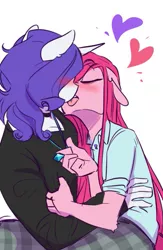 Size: 429x656 | Tagged: safe, artist:redxbacon, derpibooru import, pinkie pie, rarity, anthro, earth pony, unicorn, female, image, jpeg, kissing, lesbian, pinkamena diane pie, raripie, shipping, simple background, white background