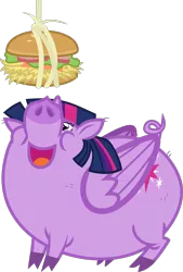 Size: 1095x1616 | Tagged: safe, derpibooru import, twilight sparkle, twilight sparkle (alicorn), alicorn, pig, burger, cloven hooves, cute, dangling, female, folded wings, food, full body, hay burger, horn, image, looking up, open mouth, pigified, png, simple background, solo, species swap, transparent background, twilight porkle, wings