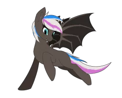 Size: 1800x1440 | Tagged: safe, artist:syntiset, derpibooru import, oc, oc:night star (nightstar), unofficial characters only, bat pony, pony, bat pony oc, bat wings, ear fluff, ears, eye clipping through hair, fangs, female, flying, full body, image, looking at each other, looking at someone, looking down, mare, multicolored hair, multicolored mane, multicolored tail, png, ponybooru collab 2022, raised hoof, raised leg, request, requested art, simple background, smiling, solo, spread wings, tail, teeth, transparent background, two toned hair, two toned mane, two toned tail, wings