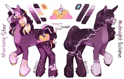 Size: 1280x820 | Tagged: safe, artist:sallyqwest623, derpibooru import, oc, oc:midnight eclipse, oc:morning star, unofficial characters only, pony, unicorn, alternate design, coat markings, duo, female, image, jpeg, magical lesbian spawn, mare, offspring, parent:tempest shadow, parent:twilight sparkle, parents:tempestlight, reference sheet, siblings, simple background, sisters, socks (coat marking), twitterina design, unshorn fetlocks, white background