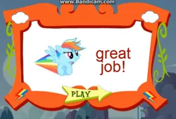 Size: 578x392 | Tagged: safe, derpibooru import, rainbow dash, pegasus, pony, bandicam, canterlot, cloud, female, game, image, jpeg, mare, multicolored hair, rainbow, rainbow hair, rainbow trail, smiling, spread wings, text, wings, youtube link