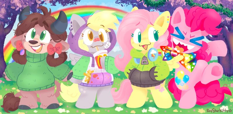 Size: 2048x1005 | Tagged: safe, artist:raystarkitty, derpibooru import, derpy hooves, fluttershy, pinkie pie, yona, earth pony, pegasus, pony, yak, ><, antonymph, bandage, bandaid, bandaid on nose, bandana, bow, chips, clothes, drink, ear piercing, earring, eye clipping through hair, eyebrows, eyebrows visible through hair, eyes closed, female, fluttgirshy, food, gay pride flag, gir, hair bow, headphones, hoodie, image, jewelry, jpeg, lesbian ponies with weapons, lesbian pride flag, mcdonald's, piercing, pride, pride flag, rainbow, rainbow dash's cutie mark, sweater, tree