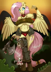 Size: 2914x4096 | Tagged: suggestive, artist:pananovich, angel bunny, fluttershy, anthro, pegasus, rabbit, unguligrade anthro, abs, animal, armor, axe, barbarian, biceps, big breasts, boots, both cutie marks, bracelet, breasts, chest wrap, choker, cleavage, clothes, crossed legs, ear piercing, eyepatch, female, fur, image, jewelry, jpeg, midriff, mountain, mountain range, muscles, muscular female, necklace, outdoors, piercing, shoes, skull, spread wings, underboob, underwear, weapon, wide hips, wings