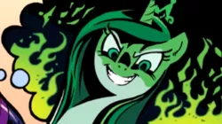 Size: 304x170 | Tagged: safe, artist:andypriceart, derpibooru import, edit, idw, princess cadance, queen chrysalis, alicorn, pony, the return of queen chrysalis, cropped, crown, disguise, disguised changeling, fake cadance, female, fire, image, jewelry, mare, png, regalia, smiling, thought bubble