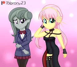 Size: 1413x1231 | Tagged: safe, artist:tabrony23, derpibooru import, fluttershy, marble pie, equestria girls, beautiful, boots, breasts, clothes, cosplay, costume, crossover, cute, dress, female, high res, image, komi can't communicate, komi-san, looking at you, patreon, patreon logo, png, school uniform, shoes, short hair, show accurate, smiling, smiling at you, spy x family, yor forger