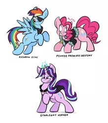 Size: 1120x1280 | Tagged: safe, artist:virmir, pinkie pie, rainbow dash, starlight glimmer, oc, oc:princess destiny, oc:virmir, oc:zinc, pony, unicorn, cape, clothes, eyepatch, female, image, mare, png, simple background, white background